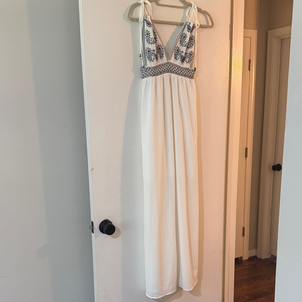 Elegant White and Blue Maxi Dress